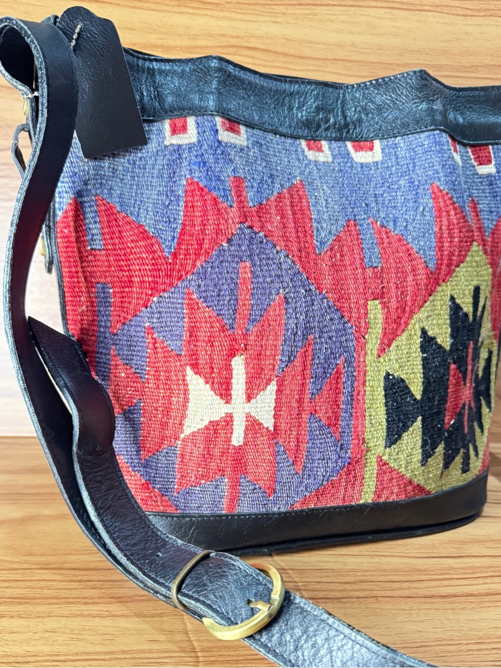 Vintage Kilim Arts Handwoven Wool Rug & Leather Bucket Shoulder Bag Boho